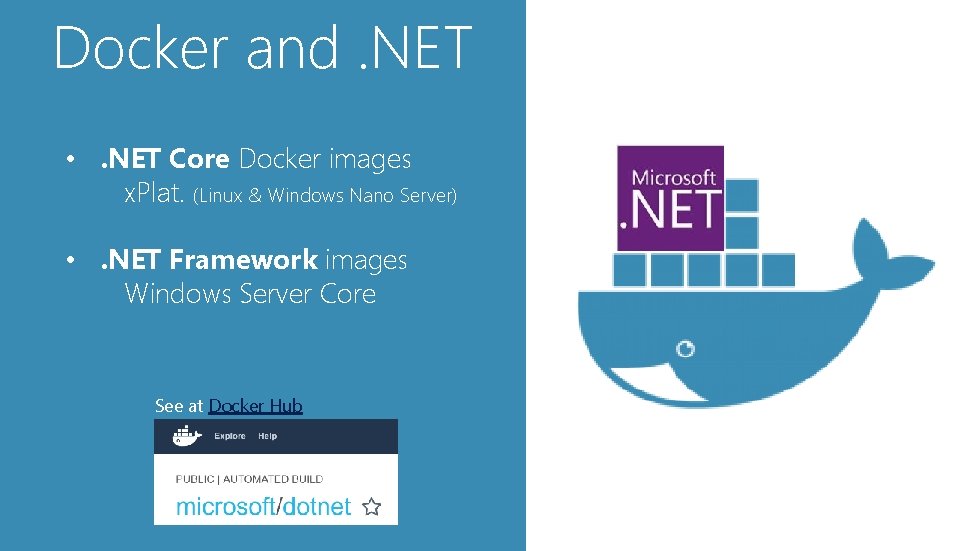 Docker and. NET • . NET Core Docker images x. Plat. (Linux & Windows