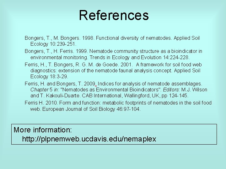 References Bongers, T. , M. Bongers. 1998. Functional diversity of nematodes. Applied Soil Ecology