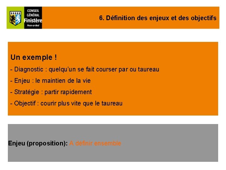 6. Définition des enjeux et des objectifs Un exemple ! - Diagnostic : quelqu’un