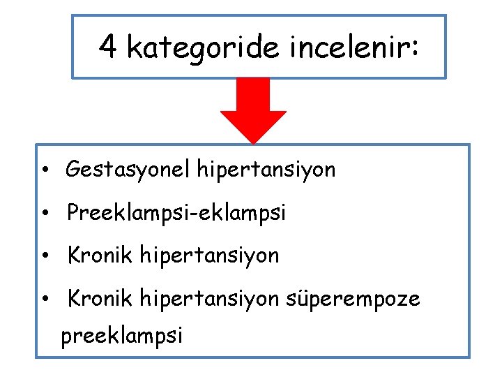 4 kategoride incelenir: • Gestasyonel hipertansiyon • Preeklampsi-eklampsi • Kronik hipertansiyon süperempoze preeklampsi 