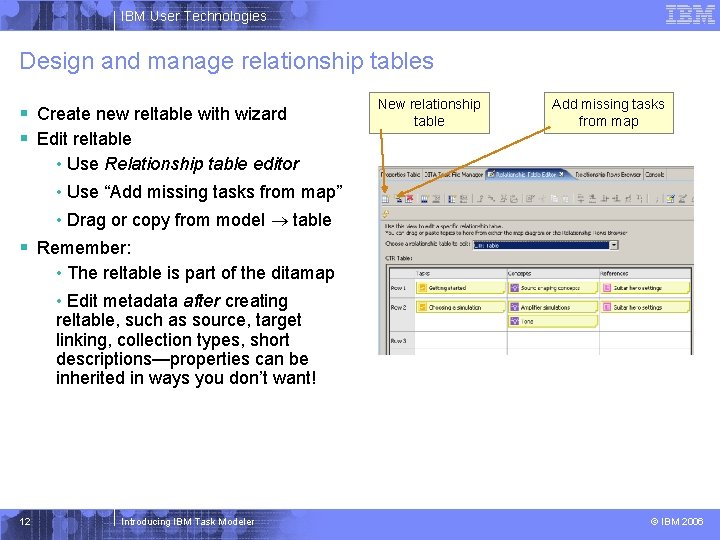 IBM User Technologies Design and manage relationship tables § Create new reltable with wizard