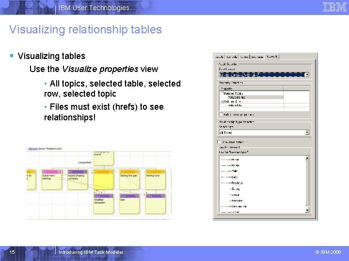 IBM User Technologies Visualizing relationship tables § Visualizing tables Use the Visualize properties view