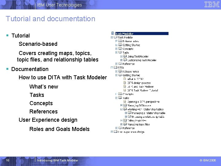 IBM User Technologies Tutorial and documentation § Tutorial Scenario-based Covers creating maps, topic files,