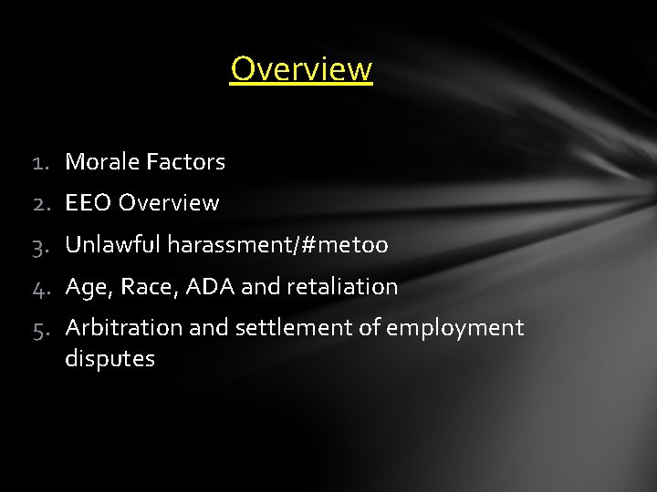 Overview 1. Morale Factors 2. EEO Overview 3. Unlawful harassment/#metoo 4. Age, Race, ADA