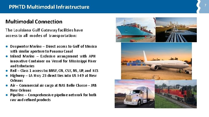PPHTD Multimodal Infrastructure Multimodal Connection The Louisiana Gulf Gateway facilities have access to all