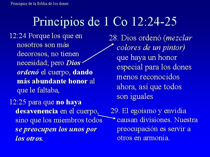 Principios de la Biblia de los dones Principios de 1 Co 12: 24 -25