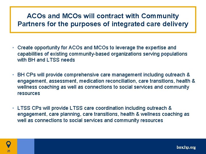 ACOs and MCOs will contract with Community Partners for the purposes of integrated care