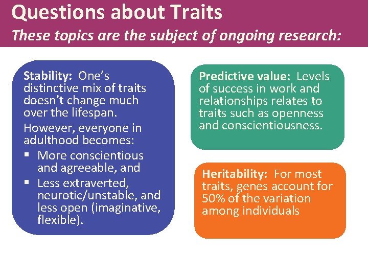 Questions about Traits These topics are the subject of ongoing research: Stability: One’s distinctive