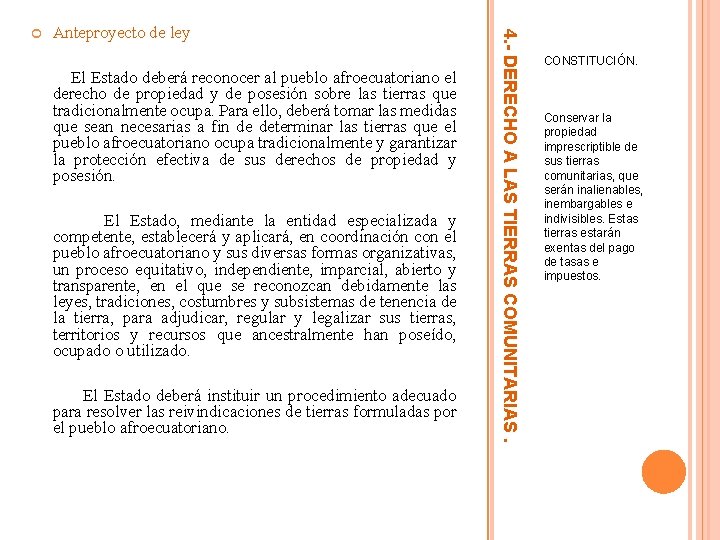 Anteproyecto de ley El Estado deberá reconocer al pueblo afroecuatoriano el derecho de propiedad