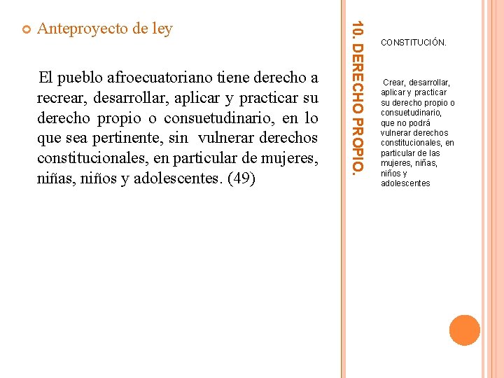 10. DERECHO PROPIO. Anteproyecto de ley El pueblo afroecuatoriano tiene derecho a recrear, desarrollar,