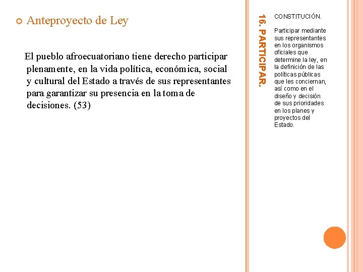 Anteproyecto de Ley El pueblo afroecuatoriano tiene derecho participar plenamente, en la vida política,