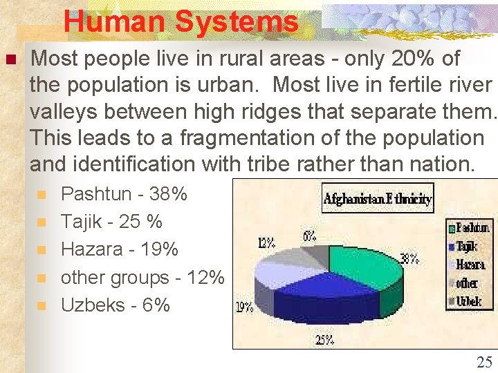 Human Systems n Most people live in rural areas - only 20% of the