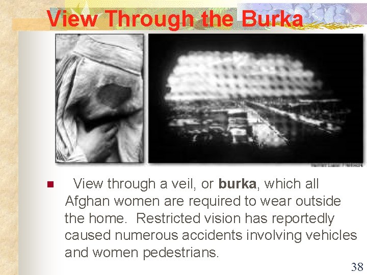 View Through the Burka n View through a veil, or burka, which all Afghan