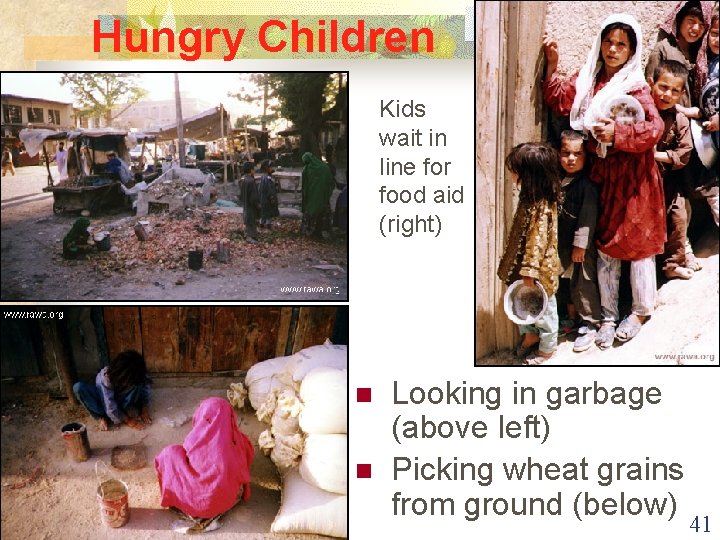 Hungry Children Kids wait in line for food aid (right) n n Looking in