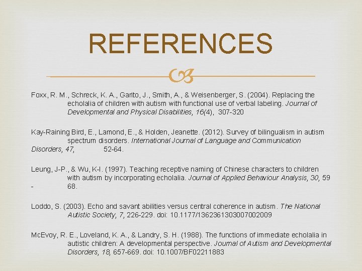 REFERENCES Foxx, R. M. , Schreck, K. A. , Garito, J. , Smith, A.