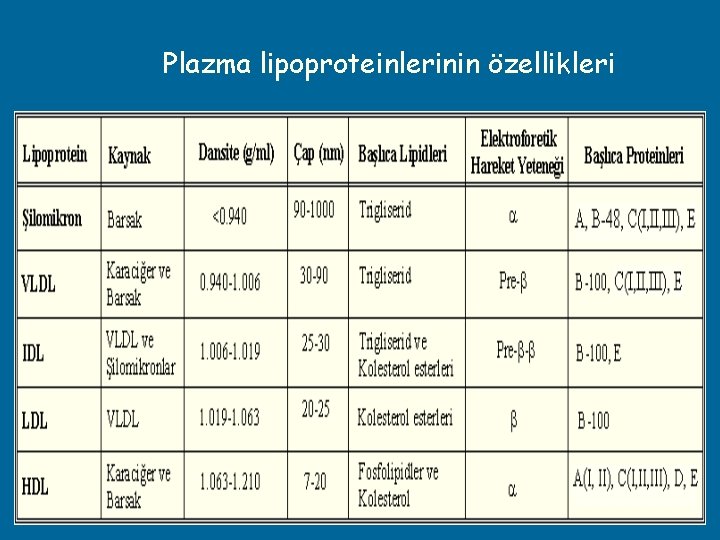 Plazma lipoproteinlerinin özellikleri 