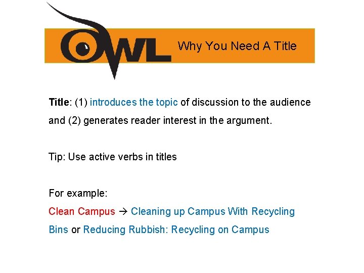 Why You Need A Title: (1) introduces the topic of discussion to the audience