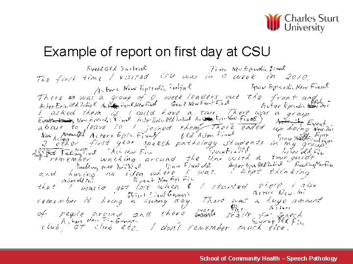 Example of report on first day at CSU School of Community Health – Speech