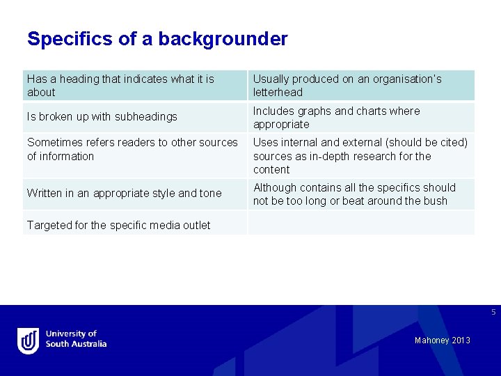 Specifics of a backgrounder Has a heading that indicates what it is about Usually