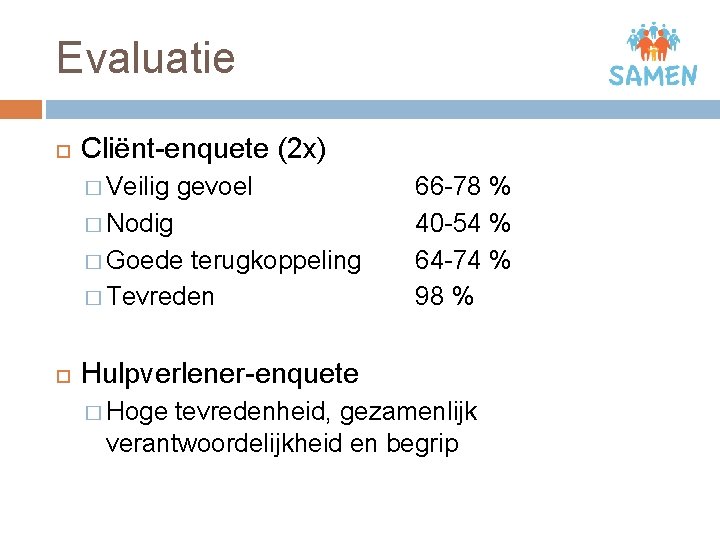 Evaluatie Cliënt-enquete (2 x) � Veilig gevoel � Nodig � Goede terugkoppeling � Tevreden