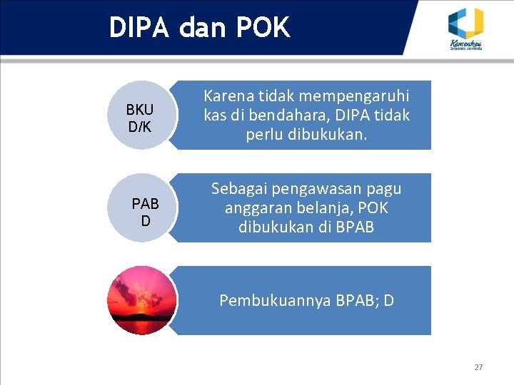 DIPA dan POK BKU D/K PAB D Karena tidak mempengaruhi kas di bendahara, DIPA