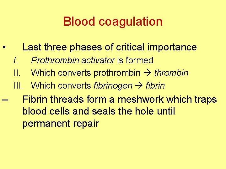 Blood coagulation • Last three phases of critical importance I. Prothrombin activator is formed