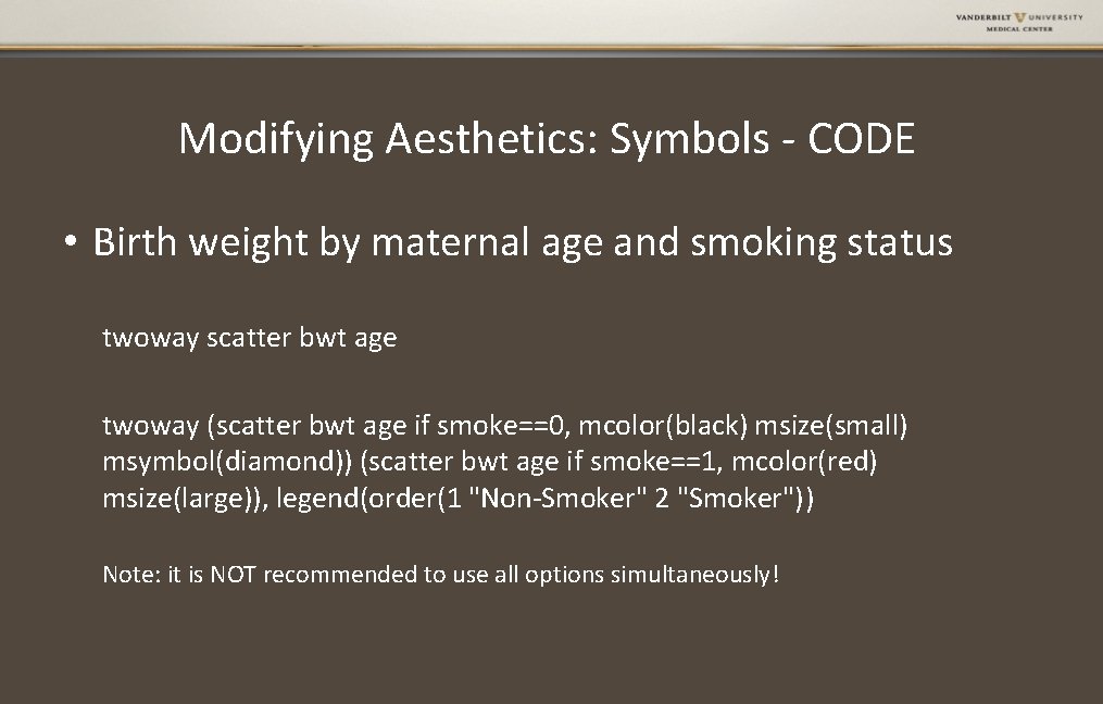 Modifying Aesthetics: Symbols - CODE • Birth weight by maternal age and smoking status