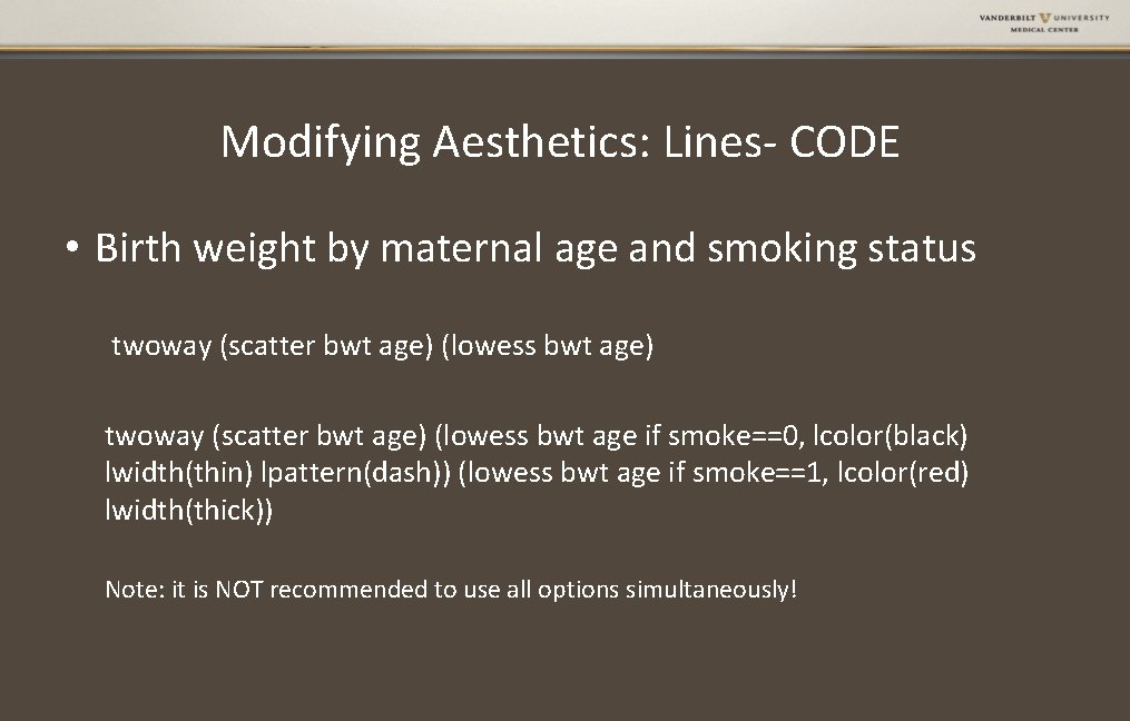 Modifying Aesthetics: Lines- CODE • Birth weight by maternal age and smoking status twoway