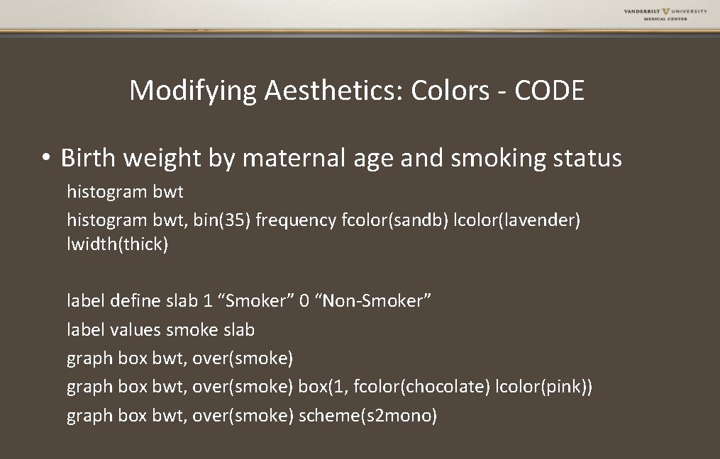 Modifying Aesthetics: Colors - CODE • Birth weight by maternal age and smoking status