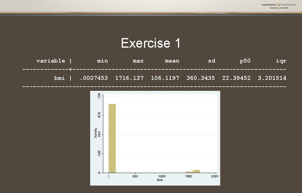 Exercise 1 variable | min max mean sd p 50 iqr -------+------------------------------bmi |. 0007453