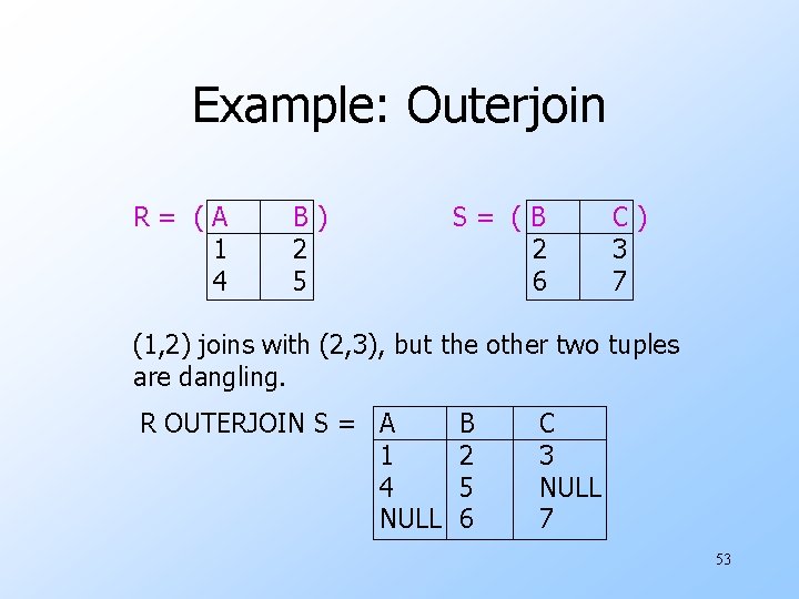 Example: Outerjoin R= (A 1 4 B) 2 5 S= (B 2 6 C)