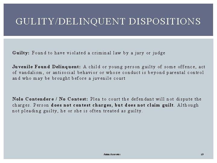 GULITY/DELINQUENT DISPOSITIONS Guilty: Found to have violated a criminal law by a jury or