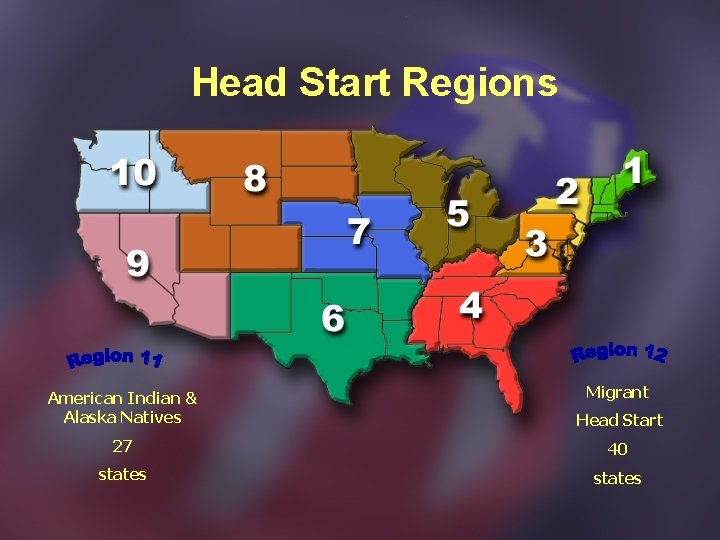 Head Start Regions Migrant American Indian & Alaska Natives Head Start 27 40 states