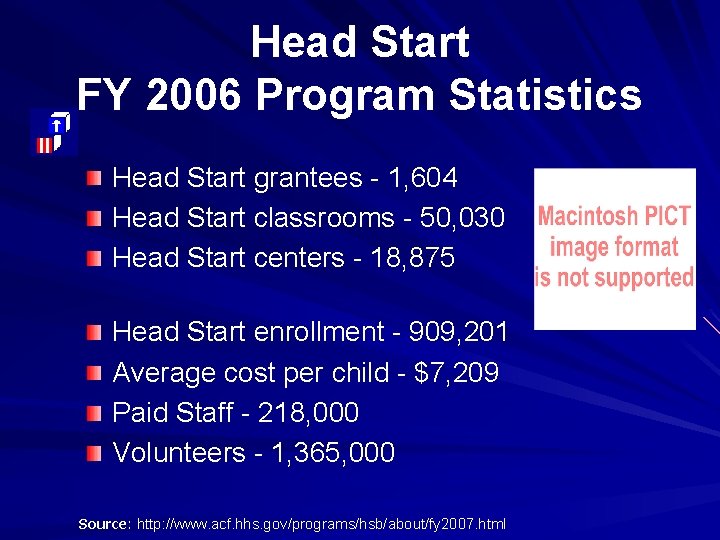 Head Start FY 2006 Program Statistics Head Start grantees - 1, 604 Head Start