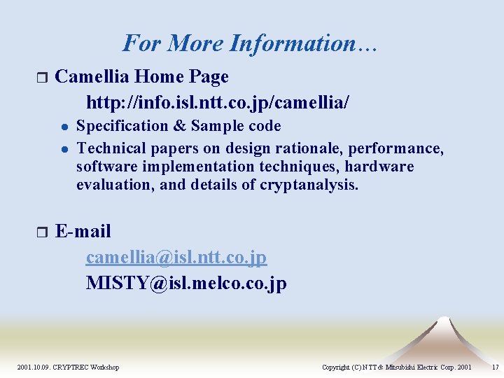 For More Information… r Camellia Home Page http: //info. isl. ntt. co. jp/camellia/ l For More Information… r Camellia Home Page http: //info. isl. ntt. co. jp/camellia/ l