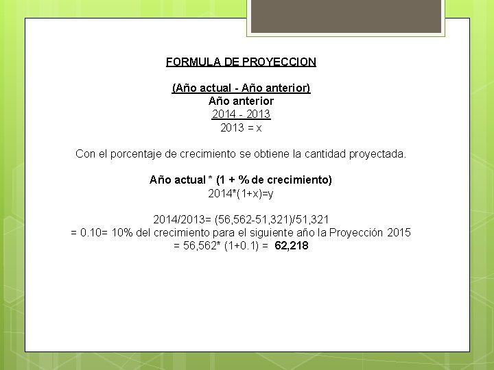 FORMULA DE PROYECCION (Año actual - Año anterior) Año anterior 2014 - 2013 =