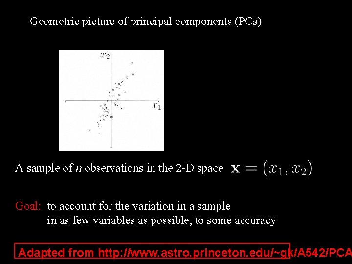 Geometric picture of principal components (PCs) A sample of n observations in the 2