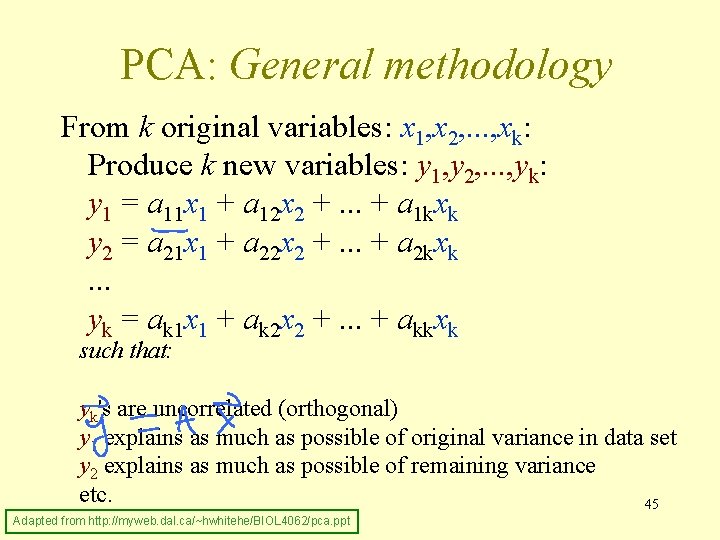 PCA: General methodology From k original variables: x 1, x 2, . . .