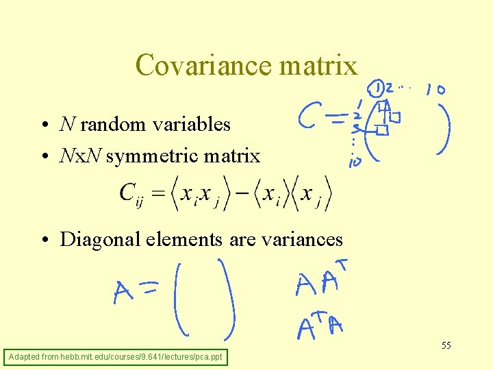 Covariance matrix • N random variables • Nx. N symmetric matrix • Diagonal elements