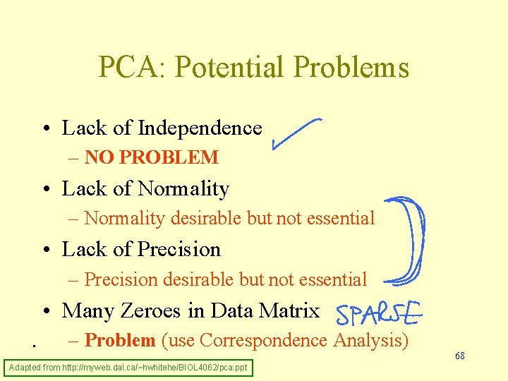 PCA: Potential Problems • Lack of Independence – NO PROBLEM • Lack of Normality