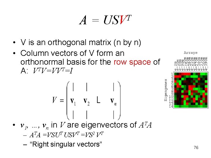 A = USVT • V is an orthogonal matrix (n by n) • Column