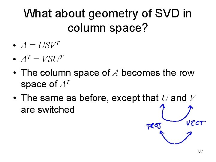 What about geometry of SVD in column space? • A = USVT • AT