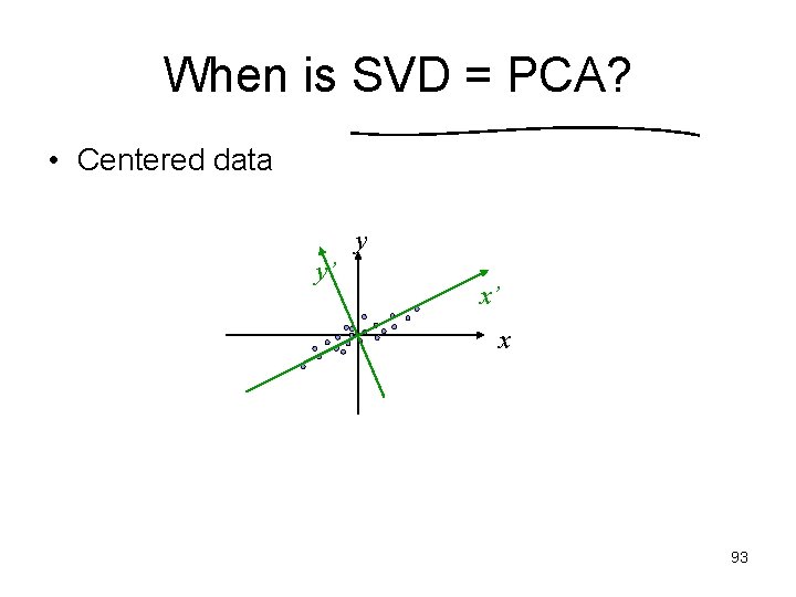 When is SVD = PCA? • Centered data y y’ x’ x 93 