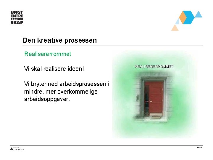 Den kreative prosessen Realisererrommet Vi skal realisere ideen! Vi bryter ned arbeidsprosessen i mindre,