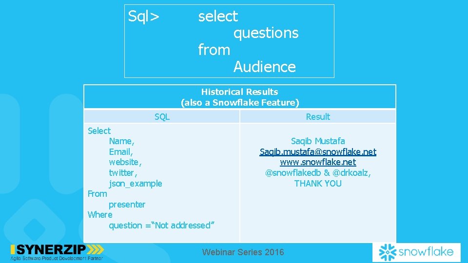 Sql> select questions from Audience Historical Results (also a Snowflake Feature) SQL Result Select