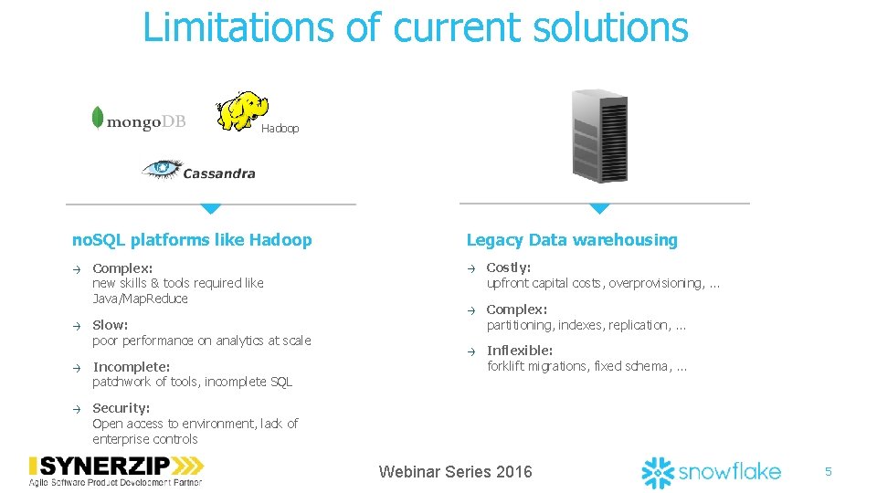 Limitations of current solutions Hadoop no. SQL platforms like Hadoop → → Complex: new