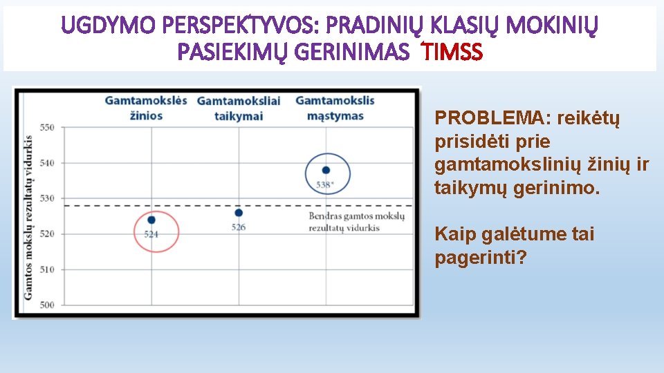 UGDYMO PERSPEKTYVOS: PRADINIŲ KLASIŲ MOKINIŲ PASIEKIMŲ GERINIMAS TIMSS PROBLEMA: reikėtų prisidėti prie gamtamokslinių žinių