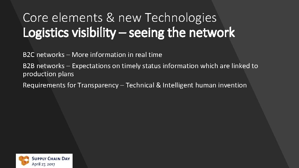 Core elements & new Technologies Logistics visibility – seeing the network B 2 C