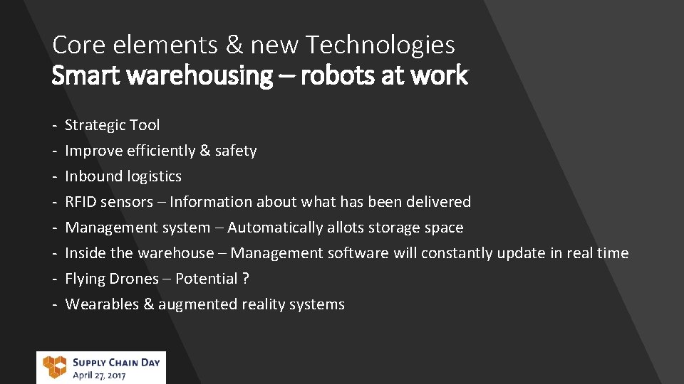 Core elements & new Technologies Smart warehousing – robots at work - Strategic Tool