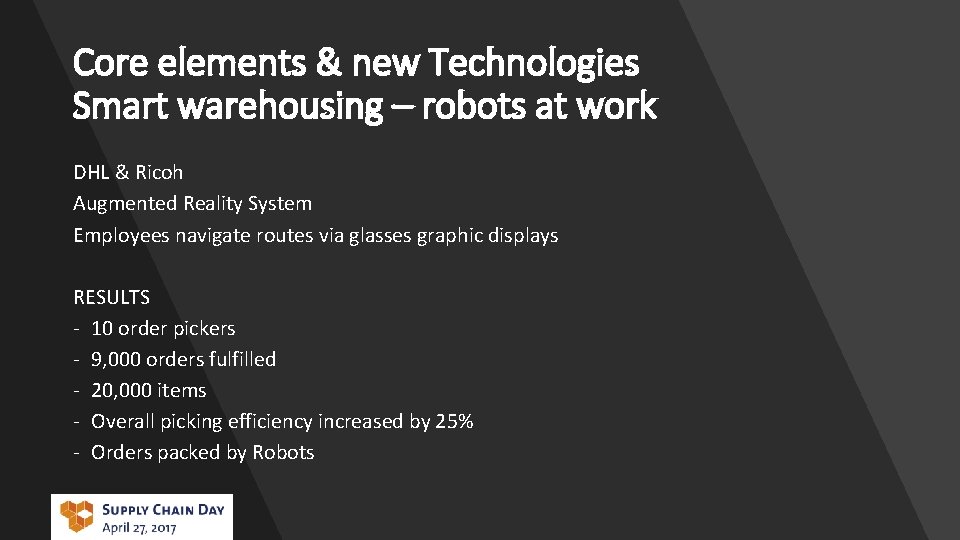 Core elements & new Technologies Smart warehousing – robots at work DHL & Ricoh